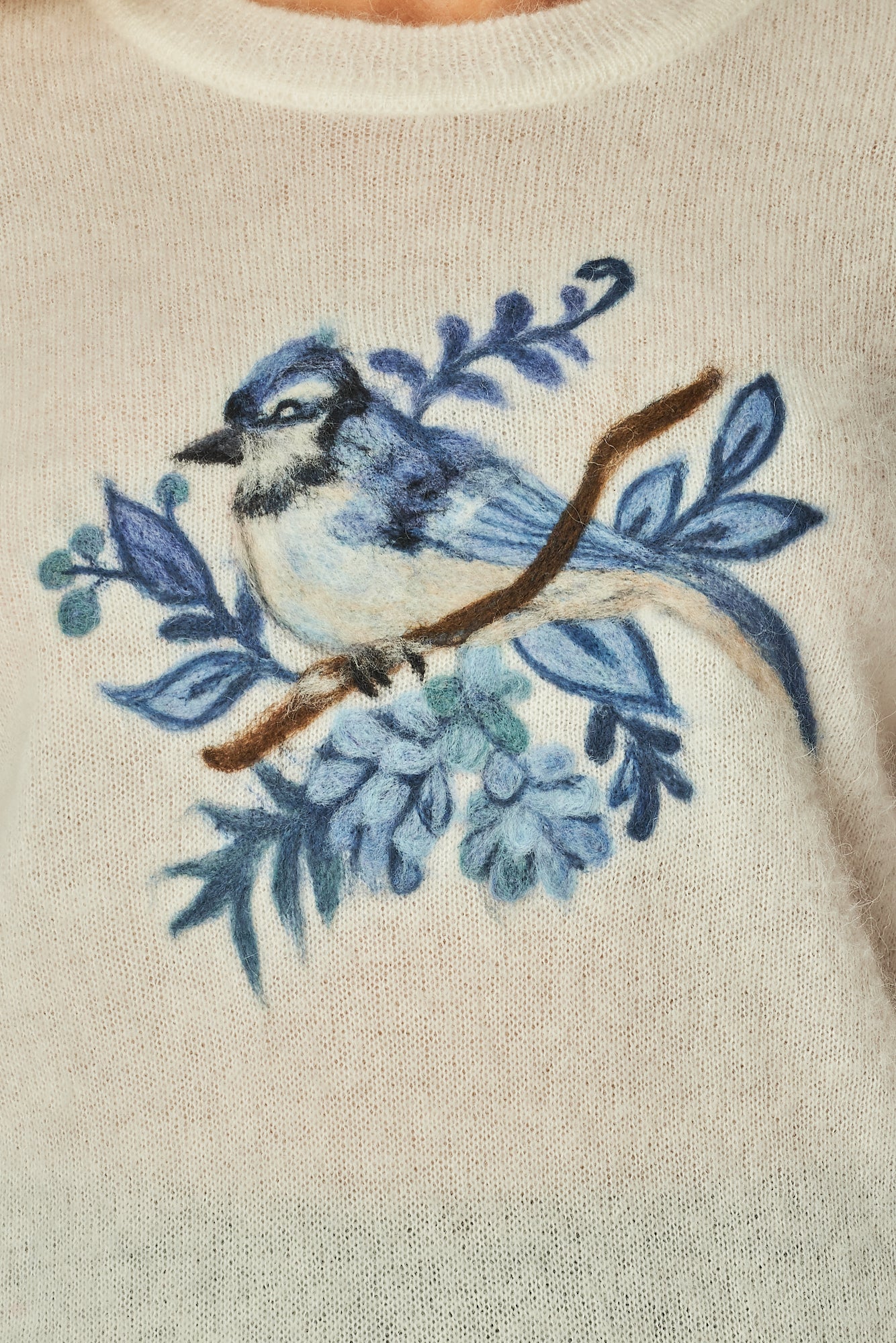 Blue Jay motif Crew Neck Crew - Ivory