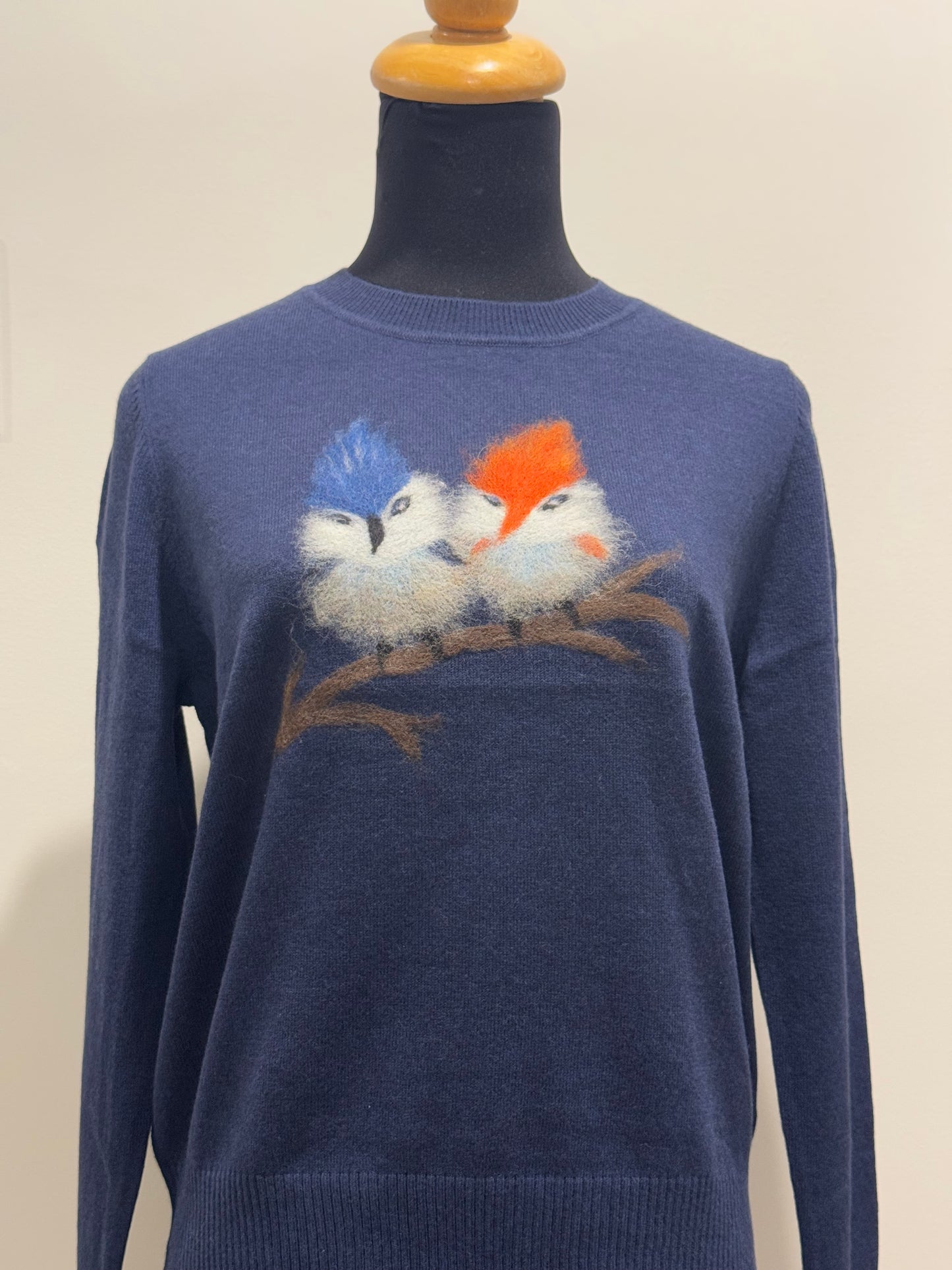 Hummingbird Pair motif Crew Neck Crew - Navy