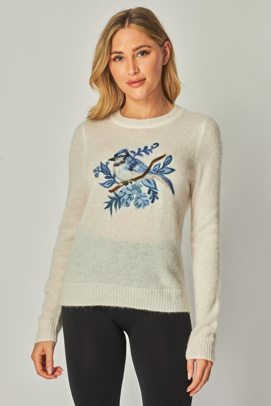 Blue Jay motif Crew Neck Crew - Ivory