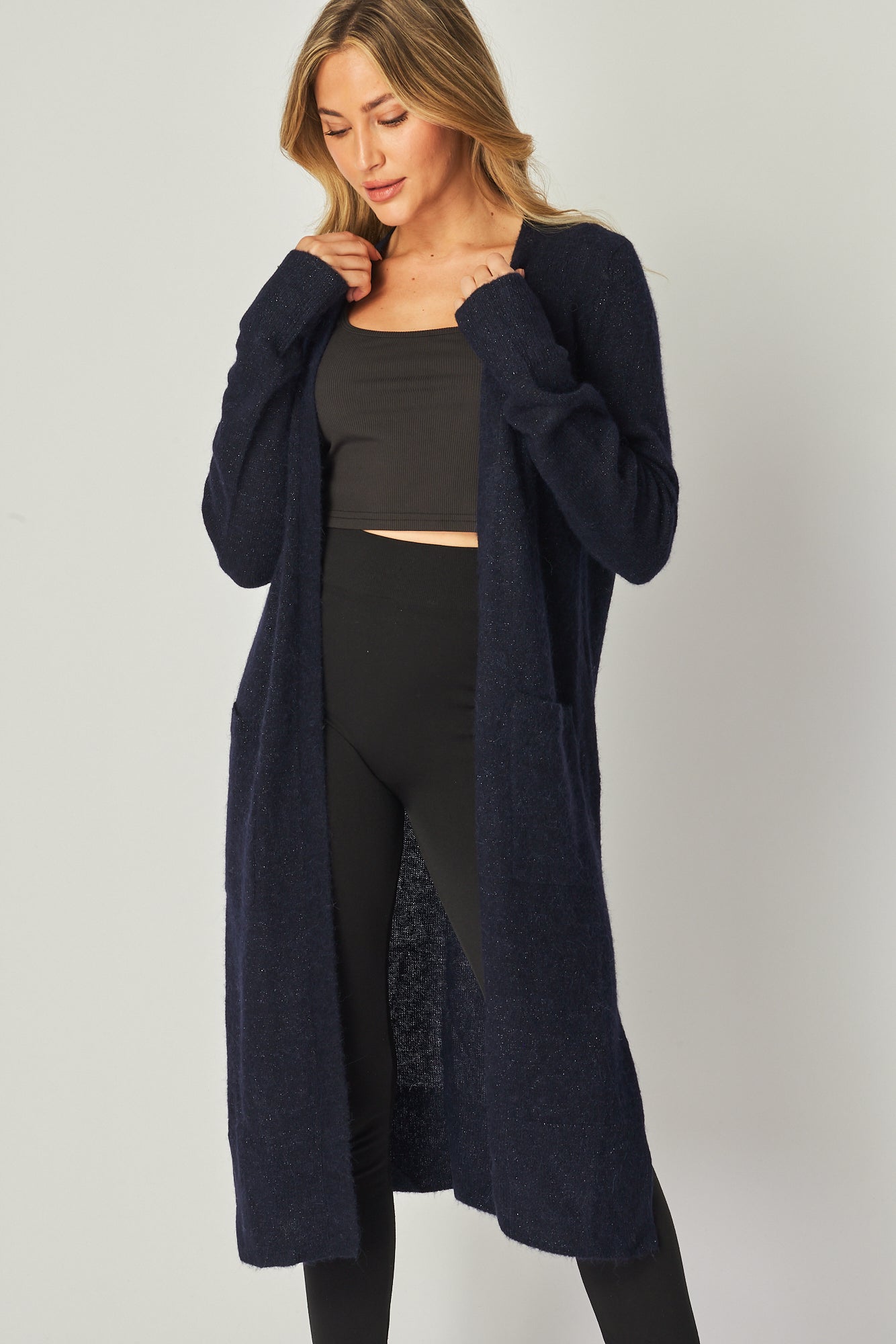 Long Cardigan with Cherry Blossom Magpies - Navy