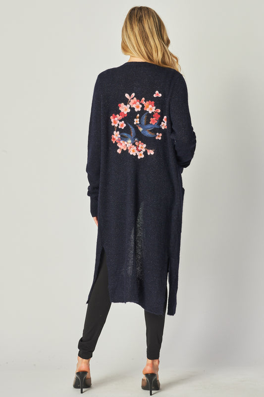 Long Cardigan with Cherry Blossom Magpies - Navy