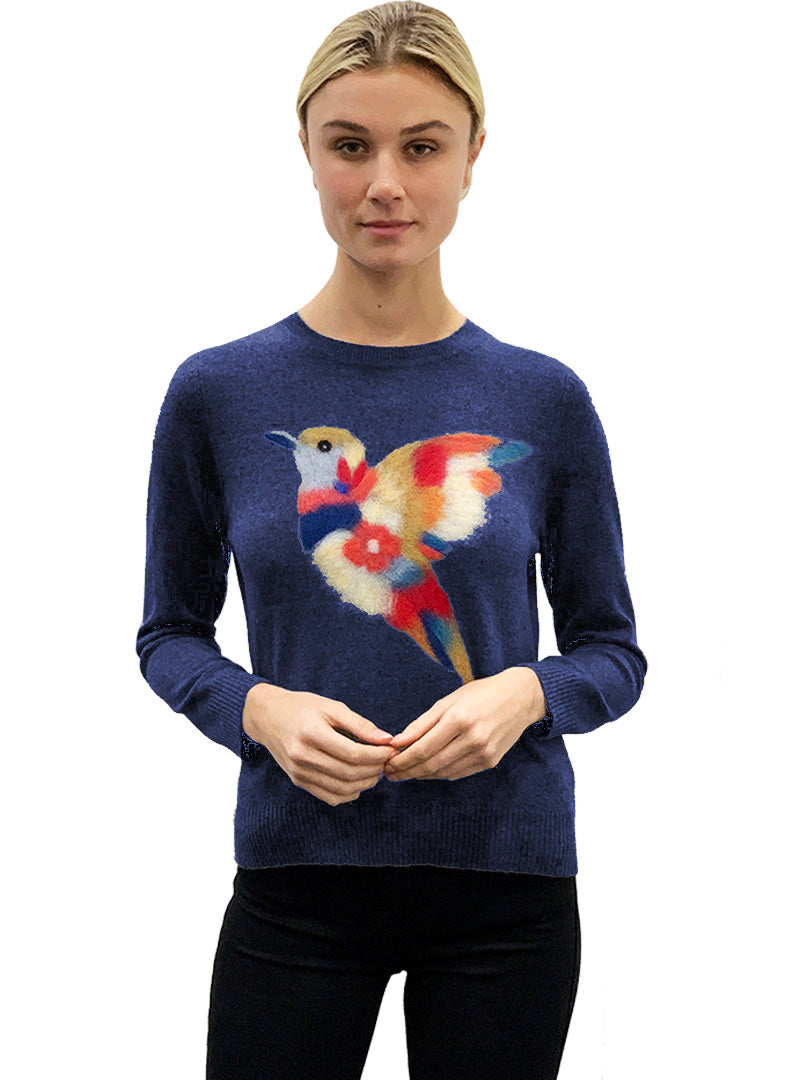 Hummingbird motif Crew Neck Crew - Navy Melange